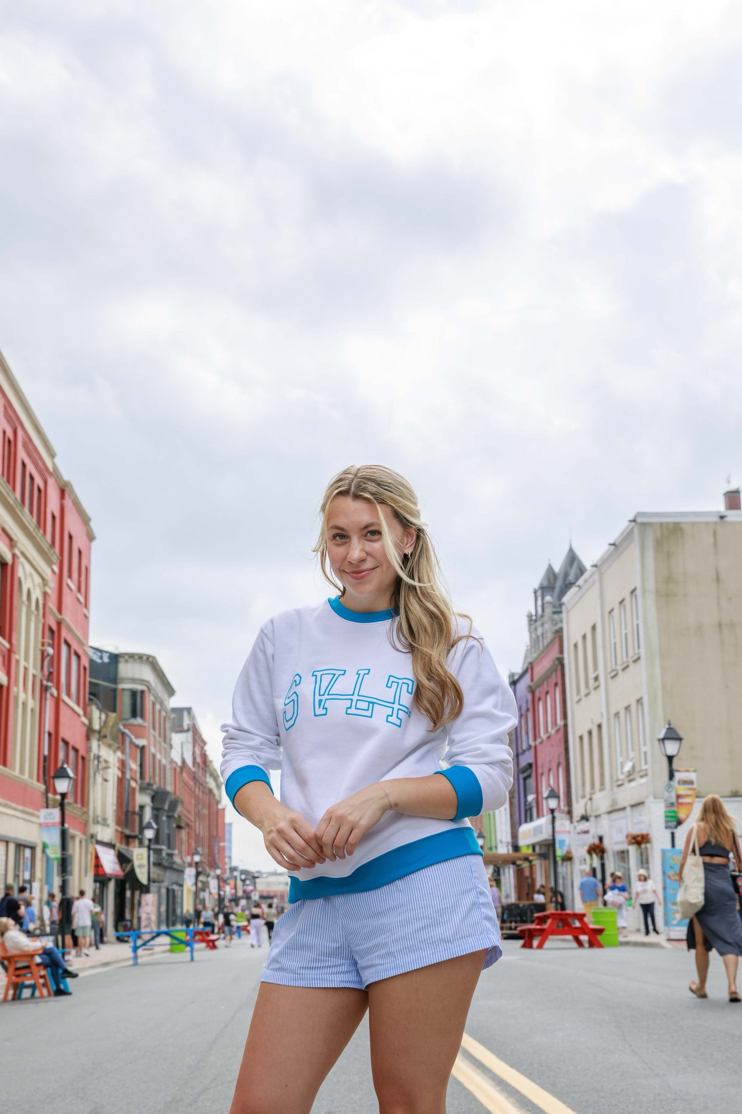 varsity sweater in blue crush