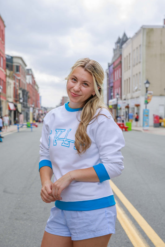 varsity sweater in blue crush